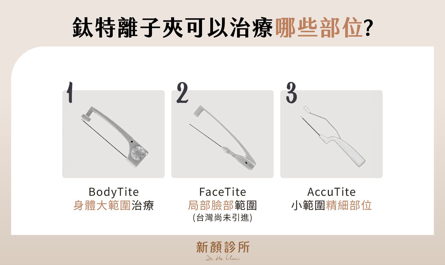 BodyTite可針對身體大範圍區域治療、AccuTite針對小範圍精細部位,FaceTite則是局部臉部範圍